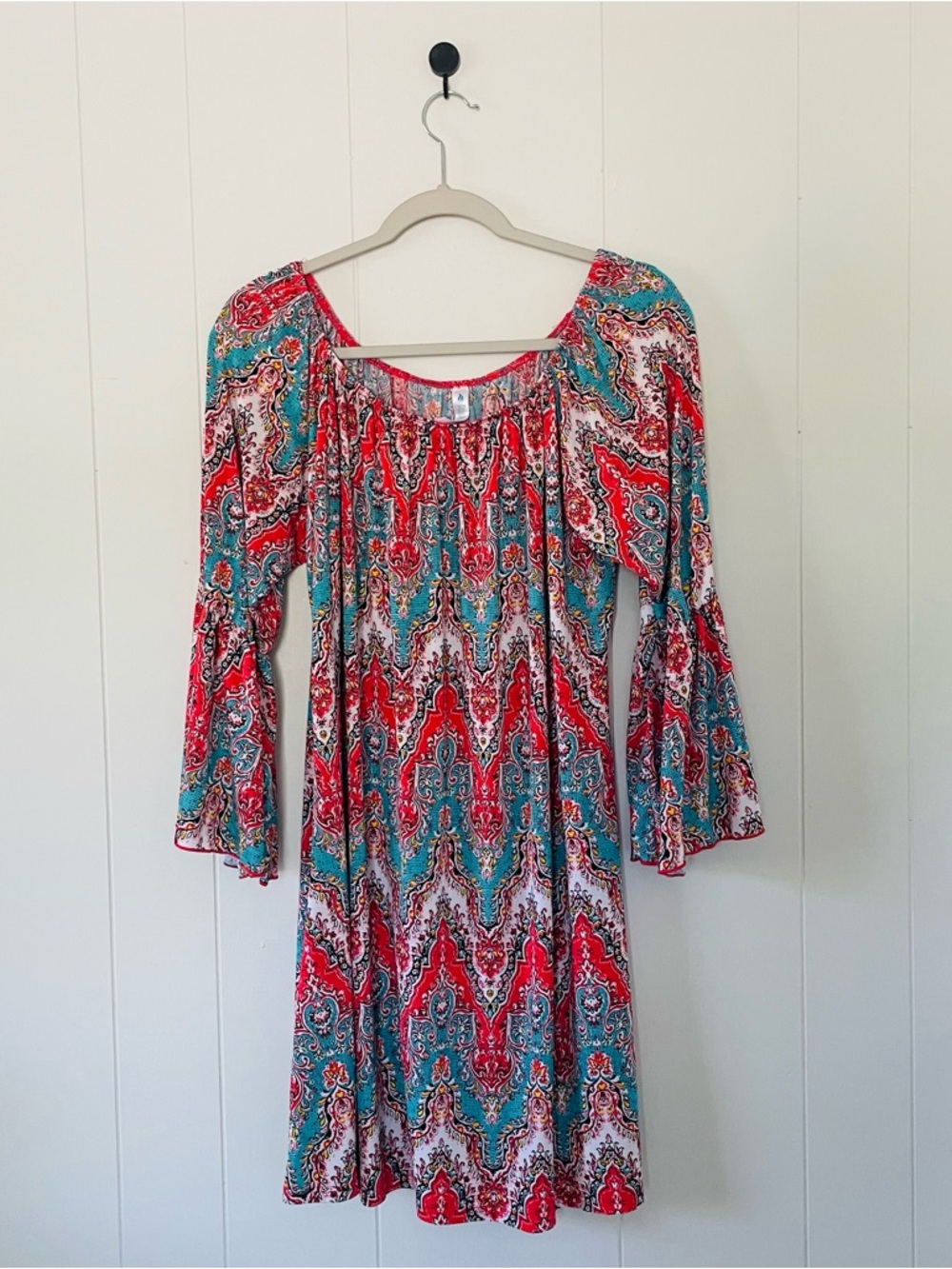 Red & Teal Paisley Bell-Sleeve Peasant Dress